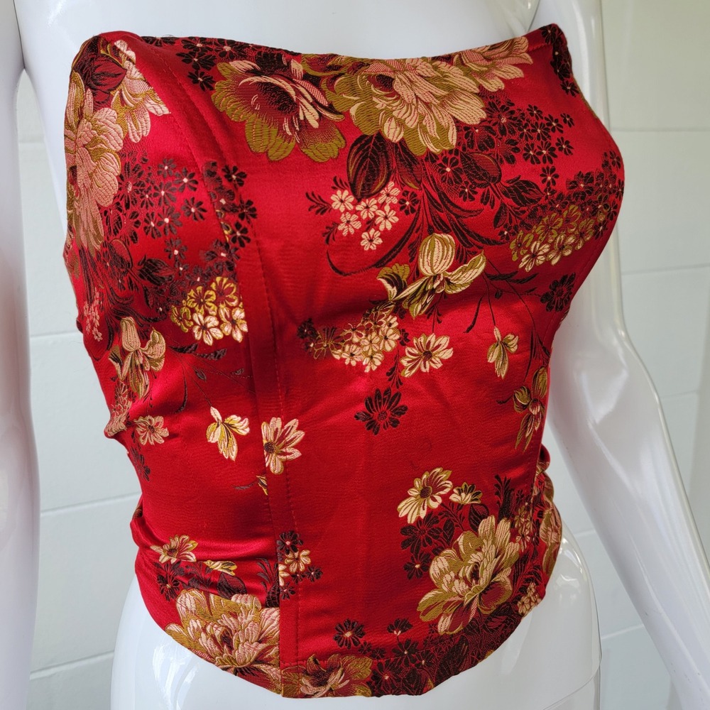 Vintage Corset Top Red Floral Brocade Lace Up Silk Blend Women's M Regencycore